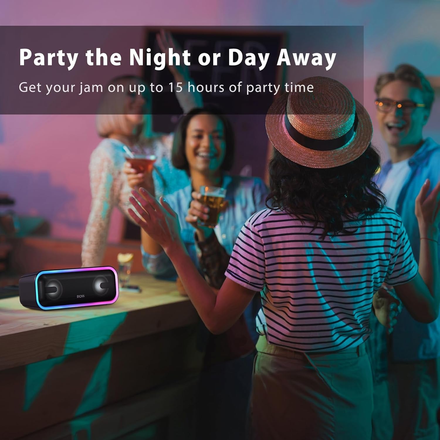 Soundbox Pro+ Bluetooth Speaker with 24W Impressive Sound, Booming Bass, IPX6 Waterproof, 15Hrs Playtime, Wireless Stereo Pairing, Mixed Colors Lights, 66 FT- Blue