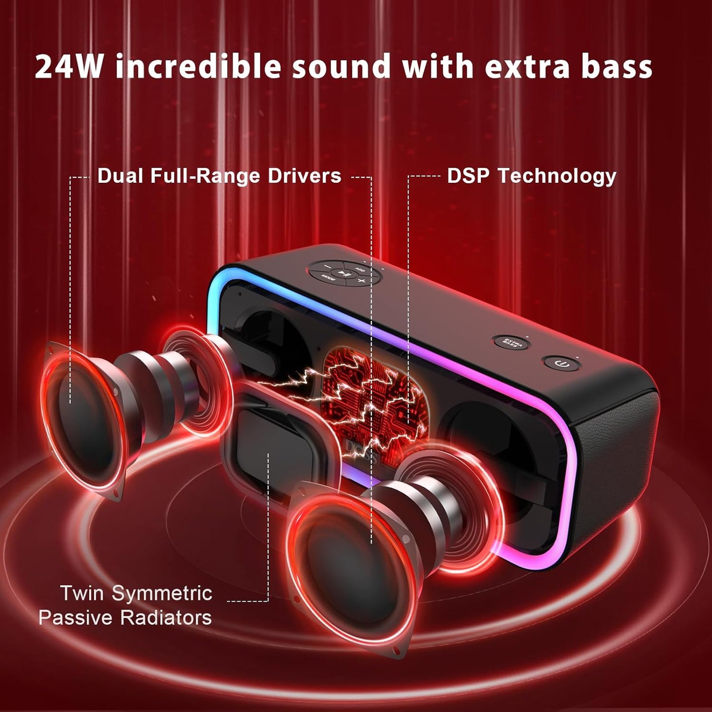 Soundbox Pro+ Bluetooth Speaker with 24W Impressive Sound, Booming Bass, IPX6 Waterproof, 15Hrs Playtime, Wireless Stereo Pairing, Mixed Colors Lights, 66 FT- Blue