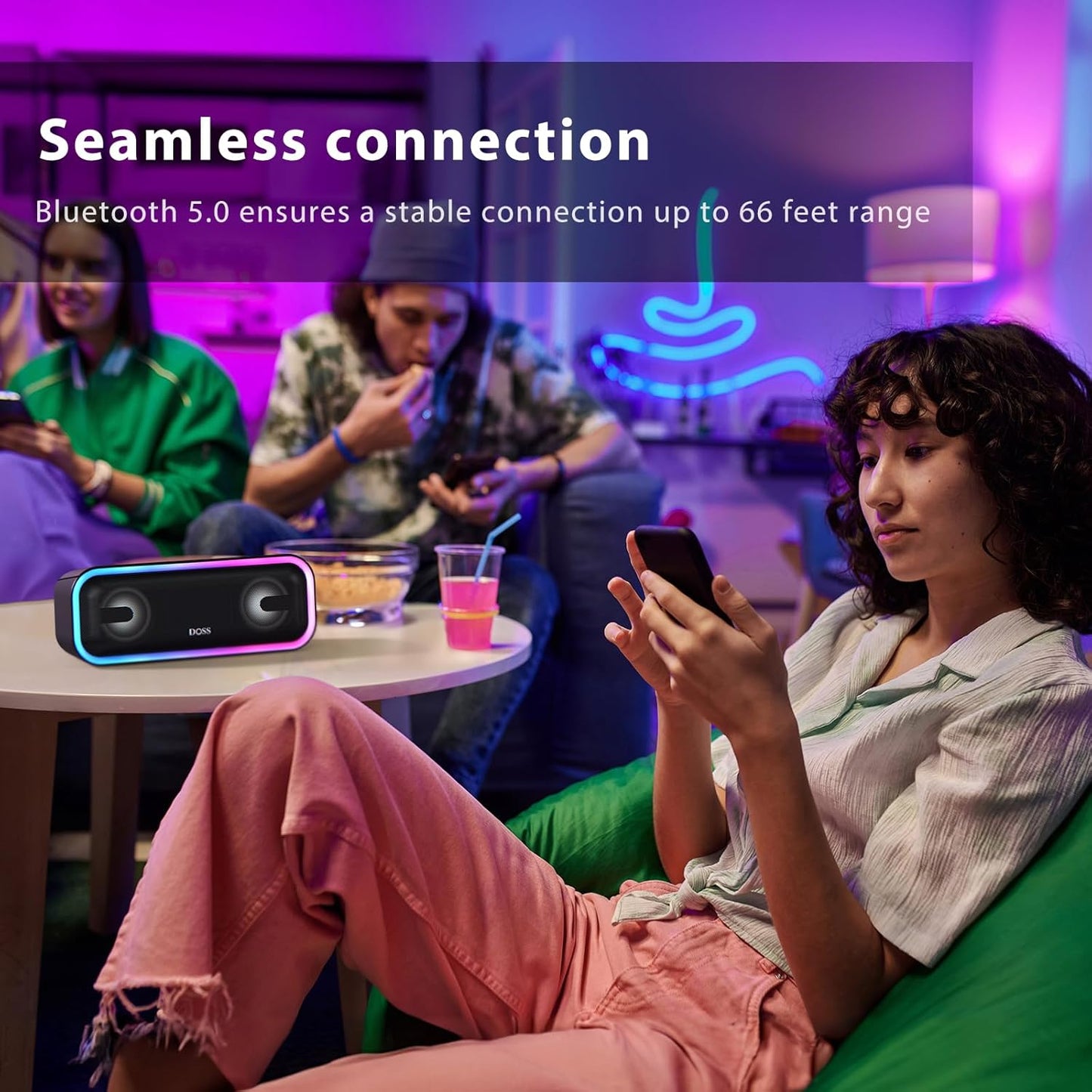 Soundbox Pro+ Bluetooth Speaker with 24W Impressive Sound, Booming Bass, IPX6 Waterproof, 15Hrs Playtime, Wireless Stereo Pairing, Mixed Colors Lights, 66 FT- Blue
